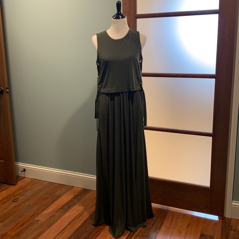 Olive green maxi dress with side slit. Worn twice
